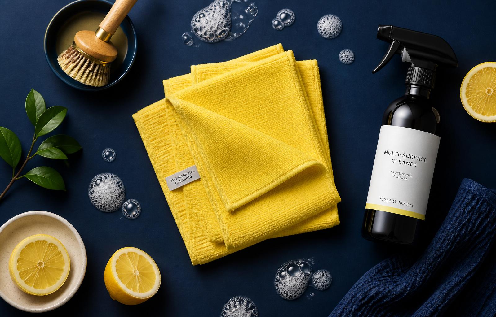 Professional cleaning supplies — microfibre cloths, brush, multi-surface spray and lemon